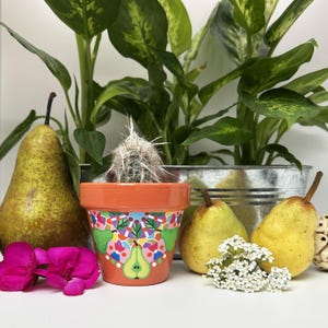 Könnte beinhalten: Ein orangefarbener Keramiktopf mit einem Kaktus darin, verziert mit einem bunten Birnenmuster. Der Topf ist von Birnen, Blumen und Grün umgeben und bildet eine lebendige Stilllebenkomposition.