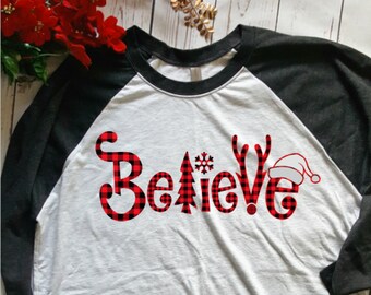Believe christmas shirt. Christmas shirt. Unisex holiday tee. Santa long sleeve shirt. Ugly sweater. Buffalo check tee. Plaid shirt