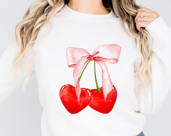 Cherry bow crewneck sweatshirt. Heart t-shirt. Love. Valentine's day shirt. Galentine's Day. Cupid. Pink. Cozy sweatshirt. Girly. Retro