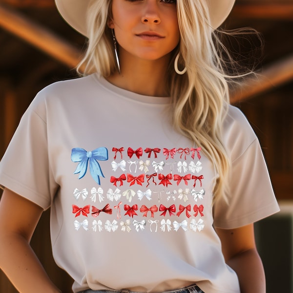 Bow flag shirt. 4th of July tee. Flag sweatshirt. Country club. Preppy apparel. Summer vacation. Patriotic. Red, white, and blue. Fireworks