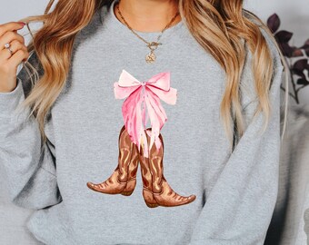 Cowgirl boot shirt, Bow sweatshirt, Pink bow, Preppy style, Girly, Western, Nashville, Southern style, Country, Soft girl aesthetic, Texas