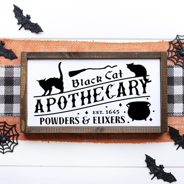 Black cat apothecary Halloween sign. Fall decor. Hocus Pocus framed sign. Rustic decor. Vintage Halloween. Spooky decor. Bats. Witches