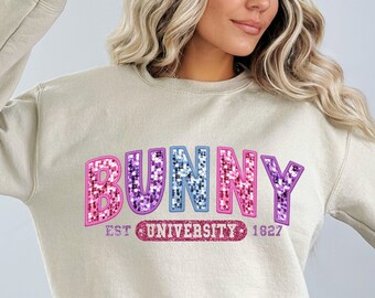 Bunny University glitter tee. Bunny shirt. Bunny rabbit tee. Pastel shirt. Easter outfit. Easter egg hunt. Easter Sunday. Chocolate bunny