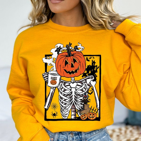 Skeleton pumpkin crewneck sweatshirt. Cute ghost t-shirt. Blogger. Funny shirt. Trendy tee. Retro tee. Halloween shirt. Spooky season. Witch