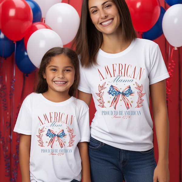 American mama and mini shirts. 4th of July tee. Flag sweatshirt. Preppy apparel. Summer vacation. Patriotic. Red, white, and blue. Fireworks