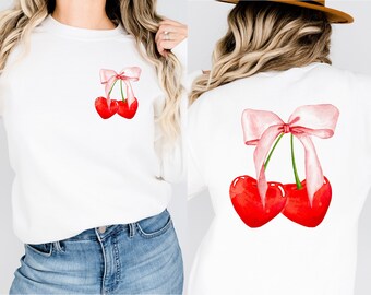 Cherry bow crewneck sweatshirt. Heart t-shirt. Love. Valentine's day shirt. Galentine's Day. Cupid. Pink. Cozy sweatshirt. Girly. Retro