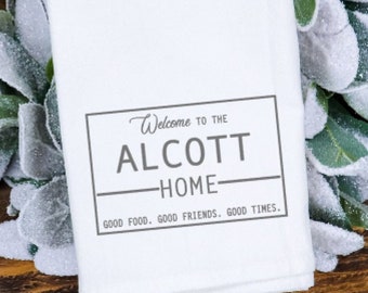 Family name hand towel. tea towel. spring kitchen towel. farmhouse decor.flour sack towel. Wedding gift. Personalized name gift.