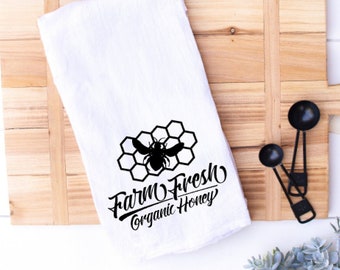 Farm fresh organic honey bee hand towel. tea towel. baking kitchen towel.flour sack towel. kitchen decor. Beekeeper. Honey