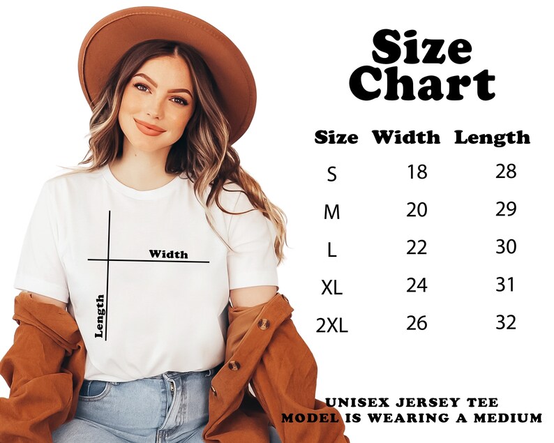 May include: Size chart for a unisex jersey tee. The chart shows the width and length measurements in inches for sizes S, M, L, XL, and 2XL. The model is wearing a size M.