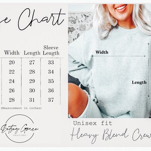 May include: Size chart for a unisex heavy blend crewneck sweatshirt. The chart shows measurements in inches for width, length, and sleeve length for sizes S, M, L, XL, and 2XL.