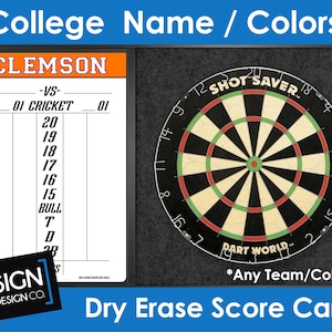 Any College Cricket Dart Dry Erase ScoreBoard - Dry Erase Card Board Keeper  - Man Cave - Garage - Darts - Dart Score Board - Clemson - LSU