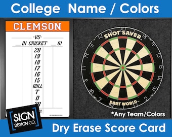 Any College Cricket Dart Dry Erase ScoreBoard - Dry Erase Card Board Keeper - Man Cave - Garage - Darts - Dart Score Board - Clemson - LSU