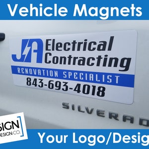 May include: A white vehicle magnet with blue lettering that reads "JA Electrical Contracting", "Renovation Specialist", and "843-693-4018".