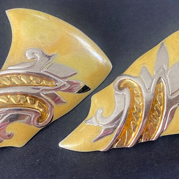 Massive EDGAR BEREBI Signed Vintage Egyptian Revival Chunky Statement Earrings Clip Shades of Yellow Gold & Silver Tones Runway 2.25"x1.5"