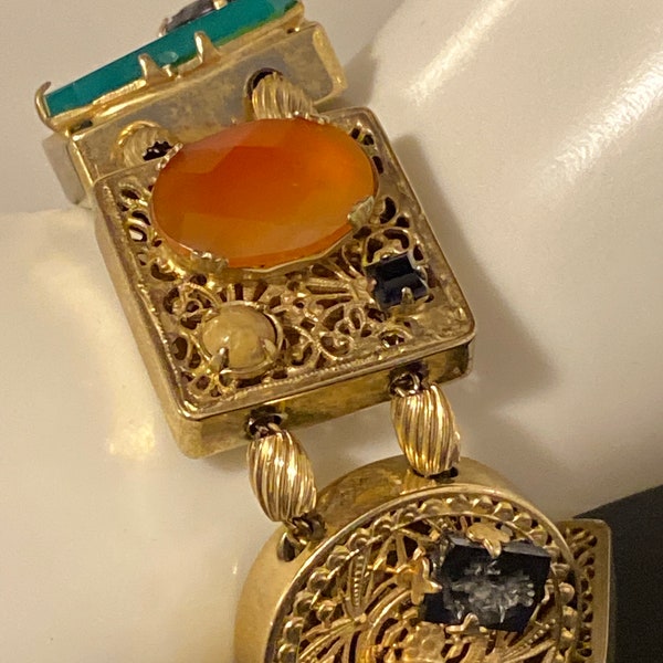 COUTURE RARE 80s Heavy Massive Bracelet Alternating Square Round Filigree Panel Boxes Dangle Studded w Goldstone Intaglio Cameo Turquoise