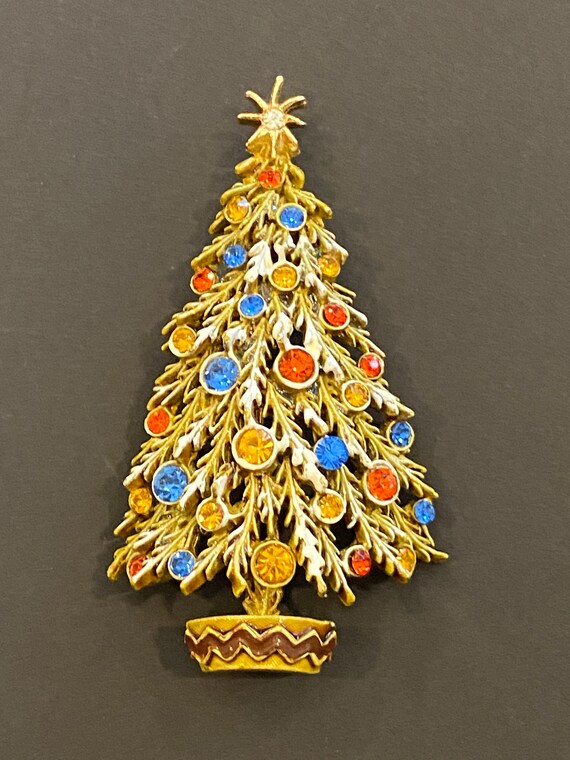 ART Signed CHRISTMAS TREE Brooch Colorful Rhinest… - image 2