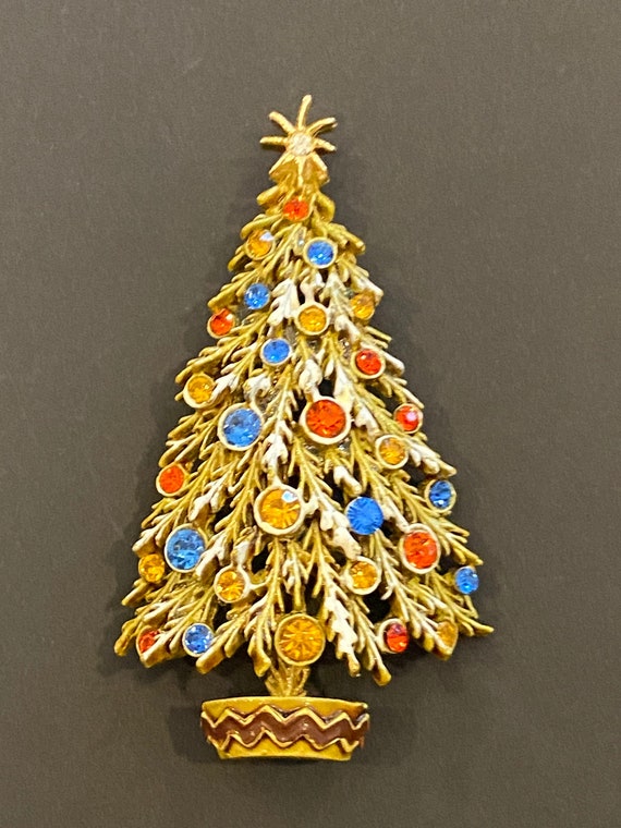 ART Signed CHRISTMAS TREE Brooch Colorful Rhinest… - image 1