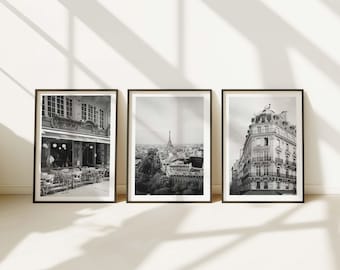 Vintage Paris Prints - Set of 3 - Paris Wall Art, Eiffel Tower, Paris Cafe Photography, Black and White Framed Photos, Extra Large Wall Art