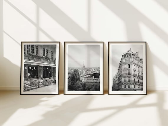 Vintage Paris Prints - Set of 3 - Paris Wall Art, Eiffel Tower, Paris Cafe Photography, Black and White Framed Photos, Extra Large Wall Art