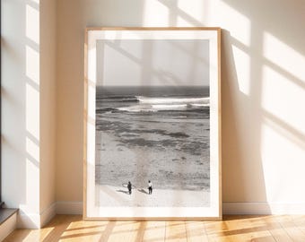 Zwart-wit strandfoto - Oceaanfotografie, extra groot ingelijst surfkunstwerk voor aan de muur