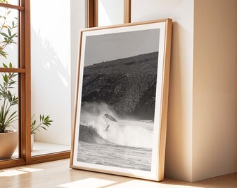 Zwart-wit surfprint - Oceaanfotografie, extra groot ingelijst strandkunstwerk voor aan de muur