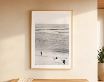 Zwart-wit surfprint - strandfotografie, oceaanprint, extra groot ingelijst kustkunstwerk voor aan de muur
