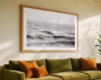 Stampa in bianco e nero dell'oceano - Grande fotografia costiera minimalista, quadro da parete con spiaggia incorniciato