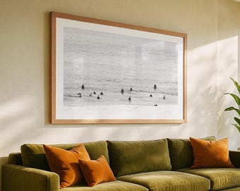 Black and White Surf Print - Minimalist Ocean Photography, Extra Large Framed Coastal Wall Art