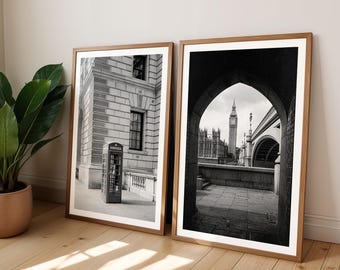 Odbitki londyńskie – zestaw 2 szt.: Fotografia Big Bena, budka telefoniczna, czarno-białe, bardzo duże zdjęcia w ramkach