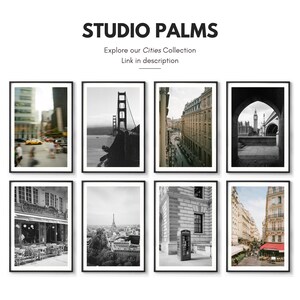 May include: Collection of framed black and white city photographs. Images include the Golden Gate Bridge, the Eiffel Tower, and London's Big Ben. Text reads "STUDIO PALMS" and "Explore our Cities Collection."