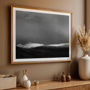 MOUNTAIN PRINT - Black and White Wall Art, Snow Capped Mountains Photo, Minimalist Landscape Print, Large Framed Fine Art Photography Print