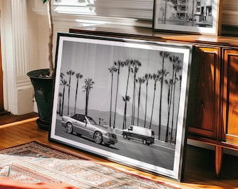 Los Angeles Print - Black and White California Photography, Cars at Venice Beach, Palm Trees