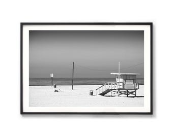 Los Angeles Beach Print - Black and White California Photography, Lifeguard Tower at Venice Beach, Extra Large Framed Photo