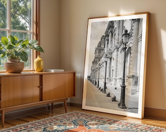 Black and White Paris Print - Extra Large Framed Street Lamps Photo, French Architecture