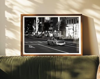 Tokyo Car Print - Luxury Car Photography, Black and White Japan Street Photo, Extra Large Framed Wall Art
