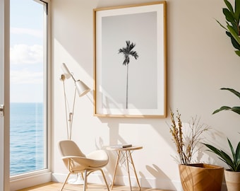 Palm Tree Print - Black and White Palm Photography, Bali, Extra Large Framed Photo, Minimalist Coastal Wall Art