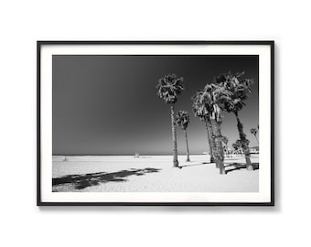 California Coast Print - Black & White LA Photography, Palm Trees, Large Framed Venice Beach Photo, Vintage Ocean Print