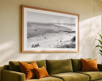 Black and White Beach Print - Framed Ocean Photography, Extra Large Coastal Wall Art