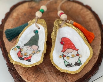 Natural Oyster Shell Gnome Christmas ornaments. Coastal style gnome ornaments. Set of 2.