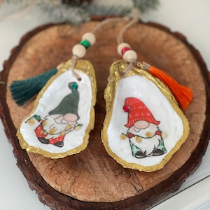 Natural Oyster Shell Gnome Christmas ornaments. Coastal style gnome ornaments. Set of 2.