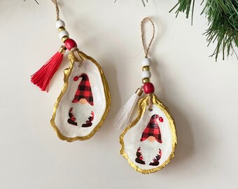 Oyster Christmas tree ornament, Gnome Buffalo Plaid Oyster Ornament, Wood beads ornament, Boho style ornament, Gnome Ornament, Coastal decor