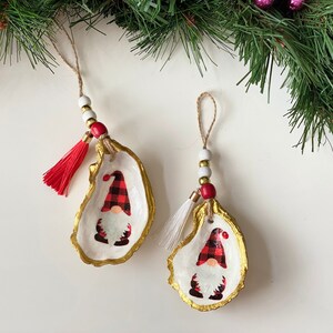 Oyster Christmas tree ornament, Gnome Buffalo Plaid Oyster Ornament, Wood beads ornament, Boho style ornament, Gnome Ornament, Coastal decor