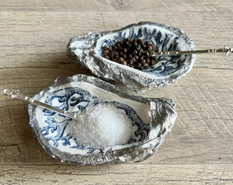 Unique Natural Oyster Salt and Pepper set with silver spoons Gilded oyster salt and pepper set Mother’s Day unique gift