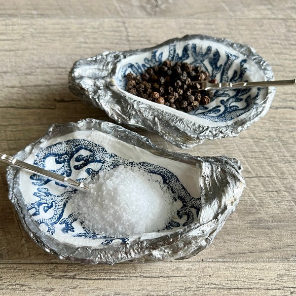 Unique Natural Oyster Salt and Pepper set with silver spoons Gilded oyster salt and pepper set Mother’s Day unique gift