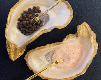 Oyster Salt and Pepper set with golden spoons Anniversary Gift Housewarming Gift Gilded oyster salt and pepper set Unique Wedding gift