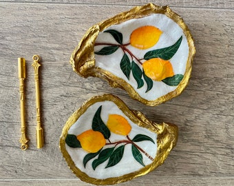 Lemon oyster salt and pepper set with golden spoons Oyster salt and pepper shakers Oyster shells Unique wedding gift, Mother’s Day gift