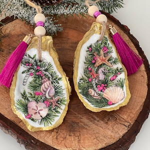Beautiful Christmas Natural oyster shell ornaments, Oyster Xmas ornaments, candy cane oyster ornament