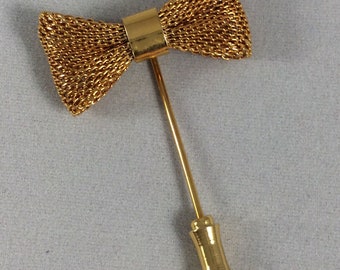 Vintage Gold Toned Metal Mesh Bow Stick/Hat/Lapel/Jabot Pin