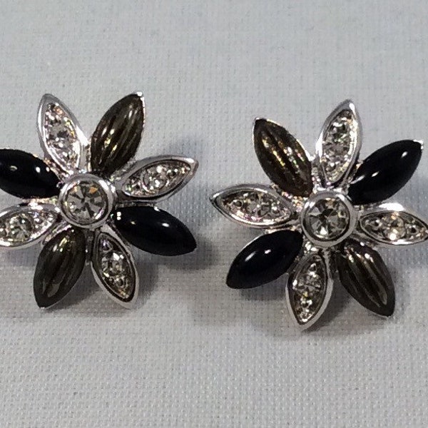 Vintage D'Orlan Silver Toned Flower Petal Clip On Earrings with Black Enamel and Clear Rhinestones