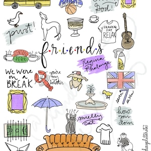 May include: A colorful illustration of various icons and phrases related to the popular TV show "Friends".  The illustration includes a yellow taxi cab, a coffee cup with the words "Central Perk", a lobster, a turkey, a couch, a cat, a monkey, and the words "We were on a break".